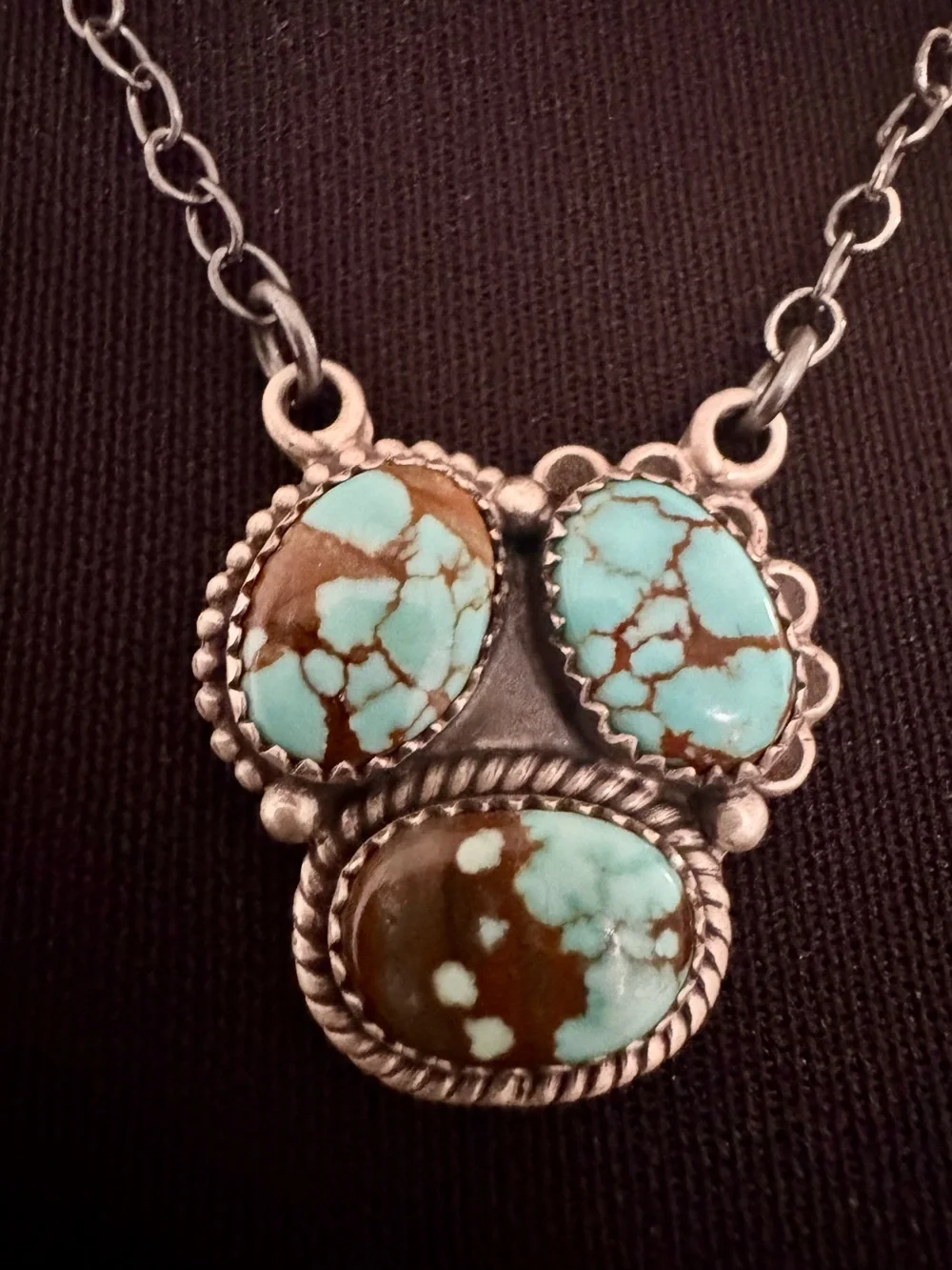 Sterling Silver genuine Turquoise Triple Stone Pendant native design- Blue Brown